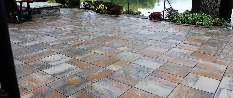 Custom flagstone patio construction at a home near Grand Rapids, MI.
