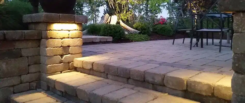 Outdoor lighting installed for a patio and walkway in Zeeland, MI.