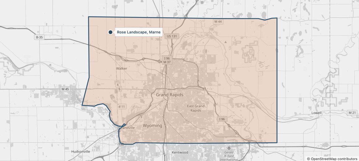 Map of Rose’s leaf pickup area: a shaded area around Grand Rapids that includes Walker, Wyoming and East Grand Rapids, with Rose’s Marne location marked near its northwest corner. Hudsonville, Rockford and Lowell are outside it.