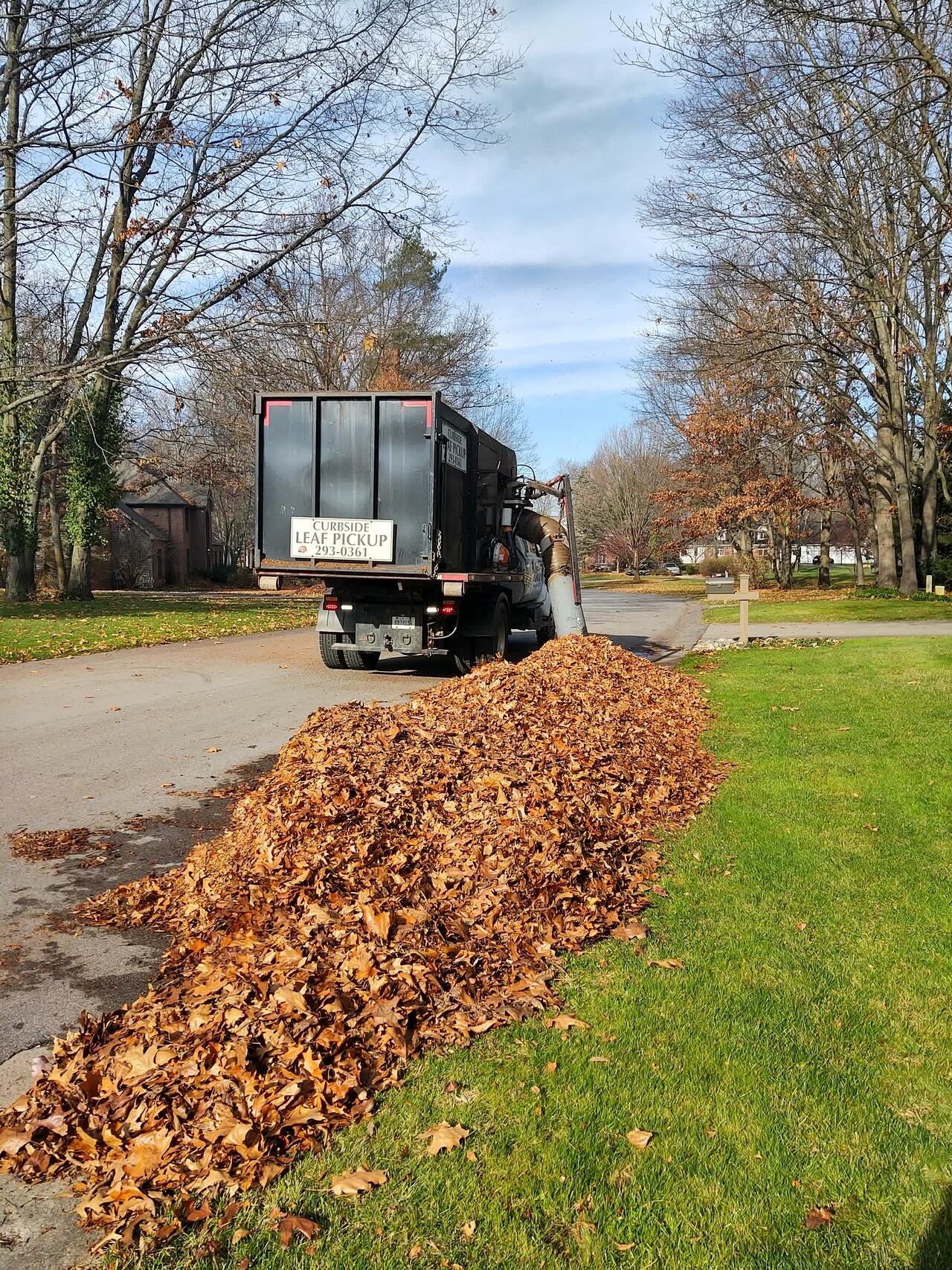 Rose’s leaf truck on a residential street behind a long row of raked leaves at the road edge